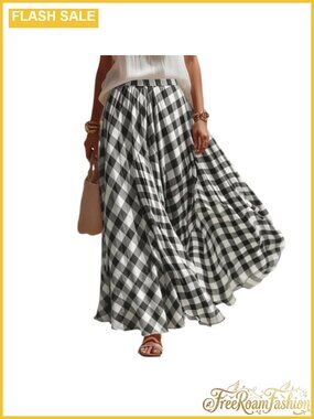 Women's Plaid Maxi Skirt High Waisted A-Line Flowy Long Skirt
